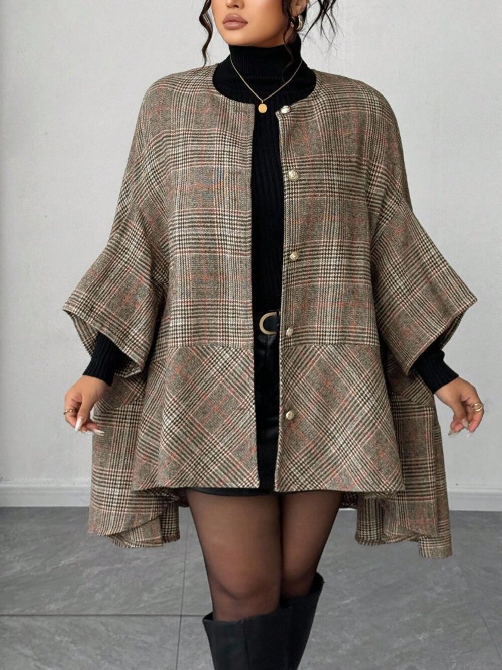Brown Elegant Women's Plus Size Striped Plaid Batwing Sleeve Cardigan